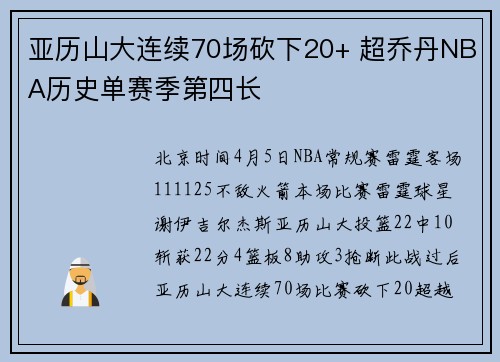 亚历山大连续70场砍下20+ 超乔丹NBA历史单赛季第四长