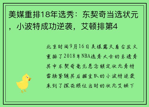 美媒重排18年选秀：东契奇当选状元，小波特成功逆袭，艾顿排第4