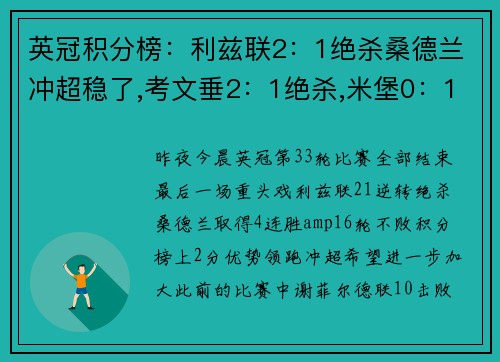 英冠积分榜：利兹联2：1绝杀桑德兰冲超稳了,考文垂2：1绝杀,米堡0：1
